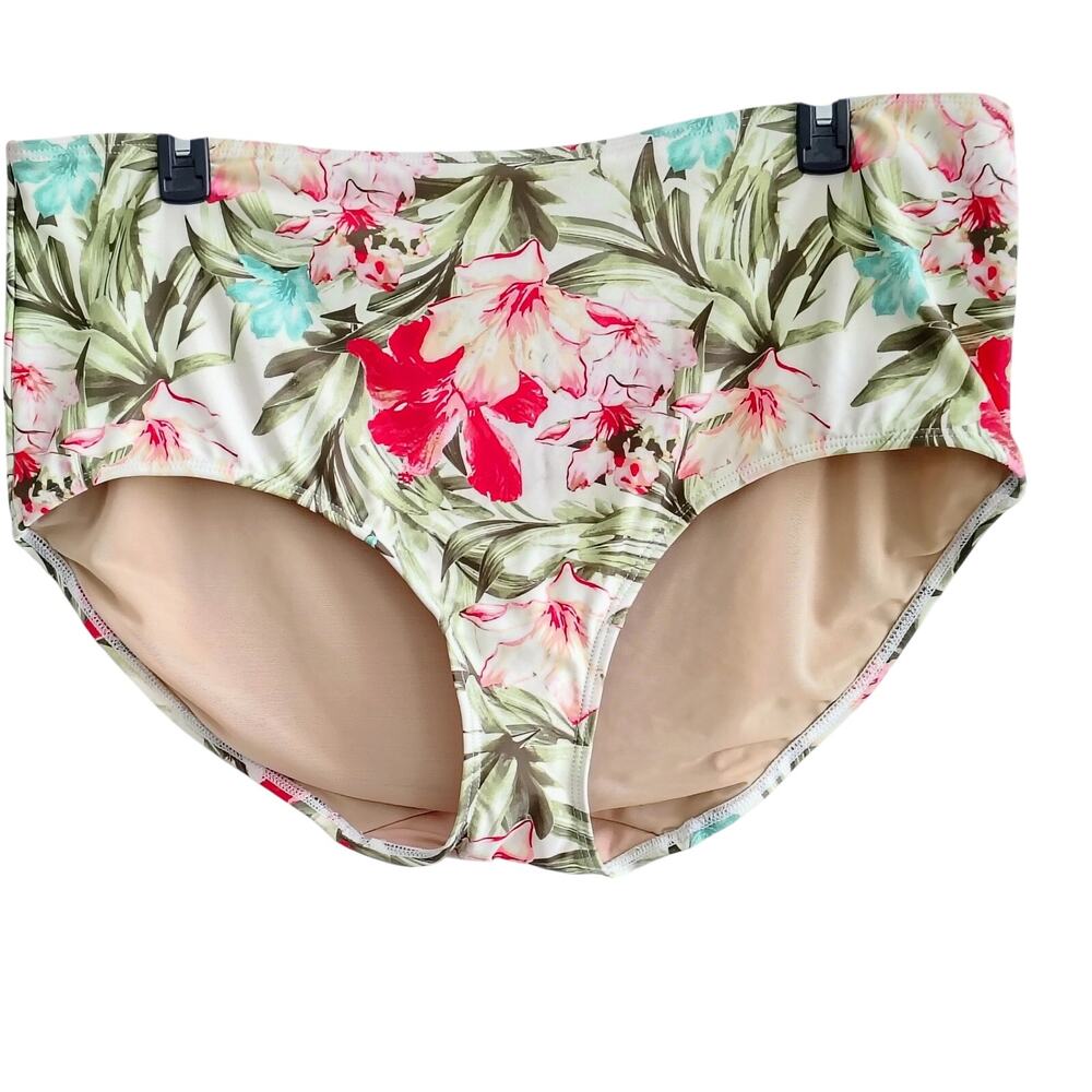 Swim By Cacique Women Plus Size 28 Green Pink Floral Tropical Bikini Bottom NEW